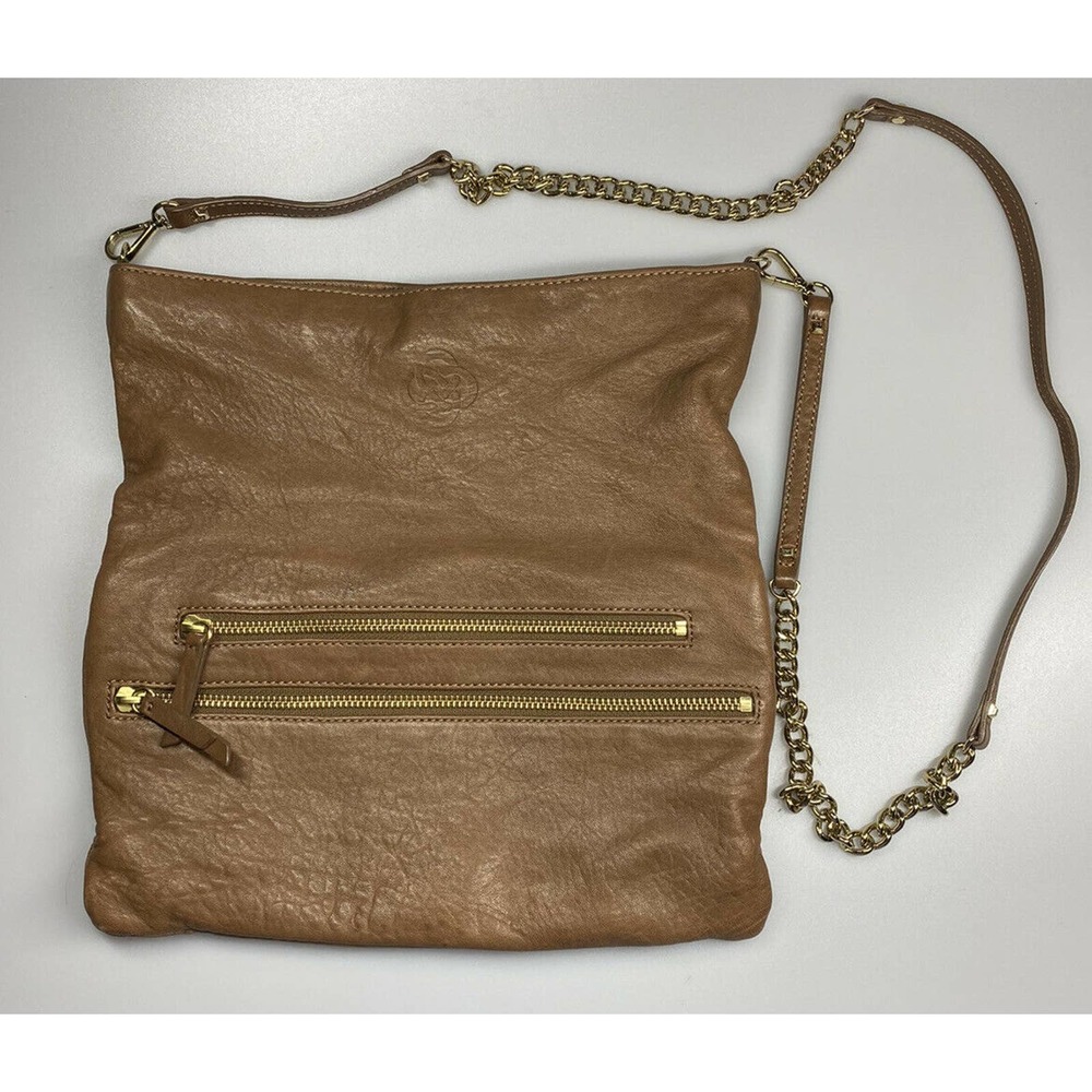 Stella & Dot Chain Leather Crossbody Bag Taupe Purse Fold Clutch Gold Chain